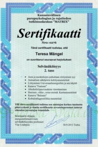 20120929_0276_sertifikaat_2tase_MATRIX_Kansainvälinen_Parapsykologian_ja_Rajatiedon_tutkimuskeskus_TeresaMangel_FIN